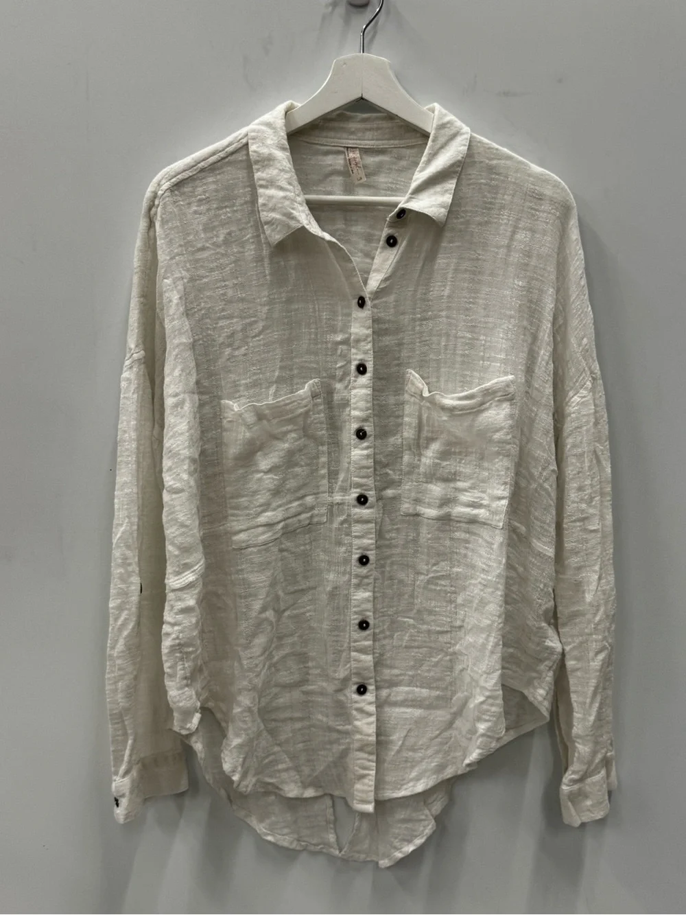 free people long sleeve gauze button down cross over split back top size large